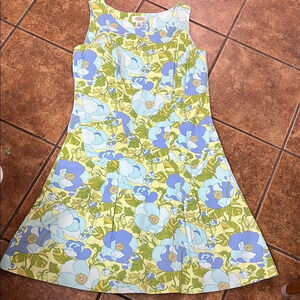 Talbots Fit Flare Blue Green Floral Dress Size 8 Sleeveless